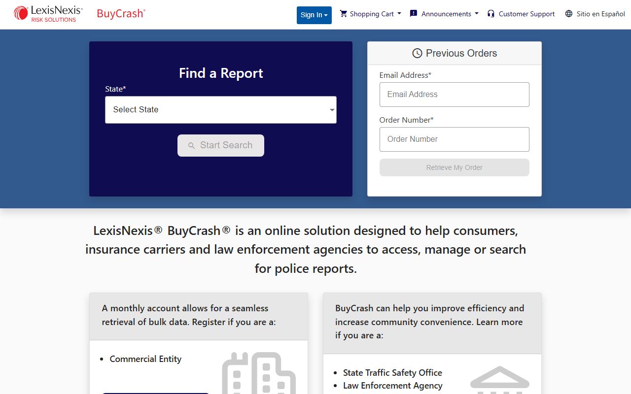 LexisNexis portal for purchasing Baltimore police blotter accident reports