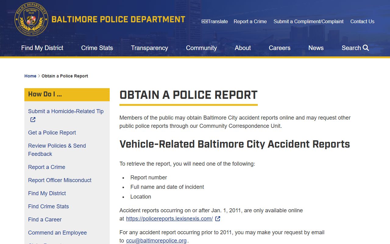 Baltimore Police Department records request page for police blotter reports