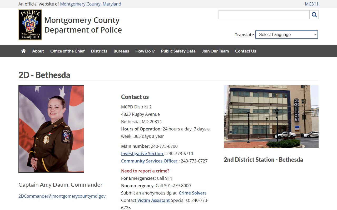Montgomery County Police 2nd District page for Bethesda coverage area