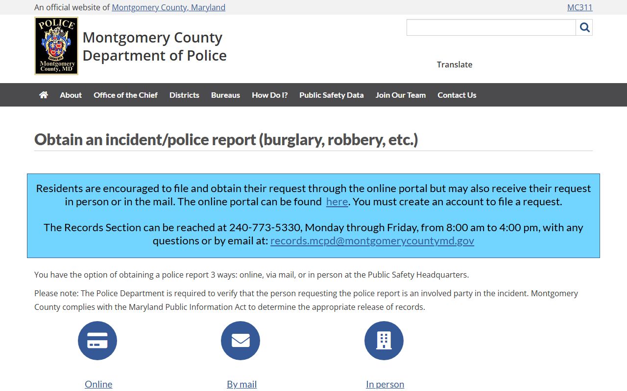 Montgomery County Police incident report request page for Bethesda records