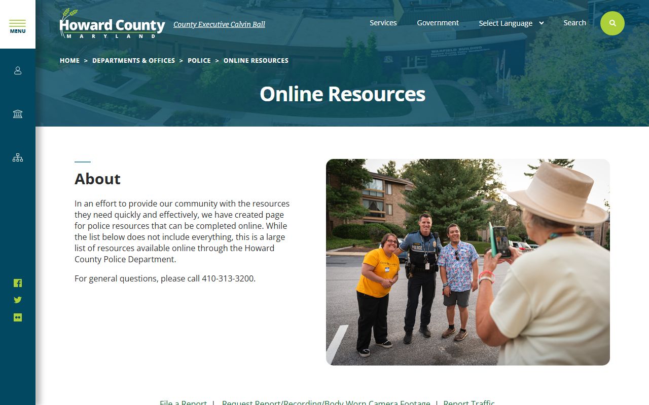 Howard County Police online resources page for Columbia police blotter access