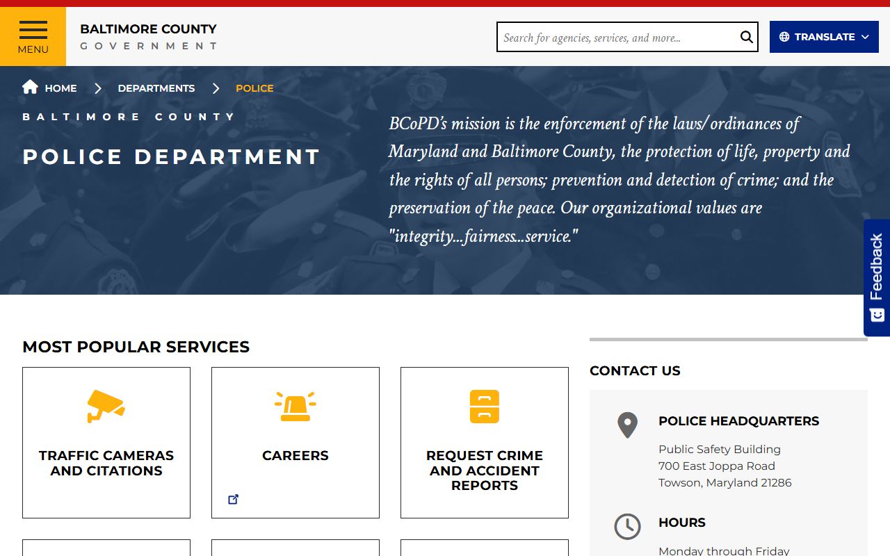Baltimore County Police Department website for Dundalk police blotter records