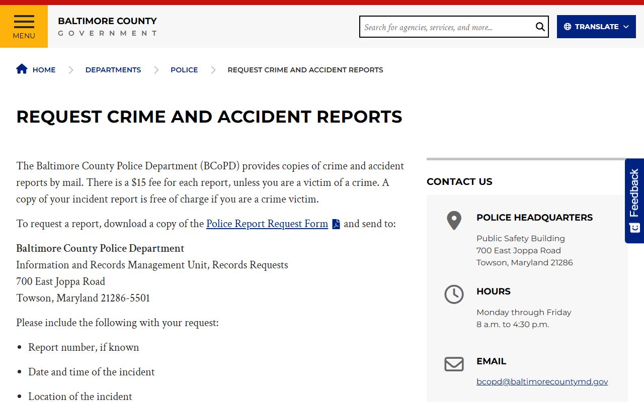 Baltimore County Police report request page for Dundalk records