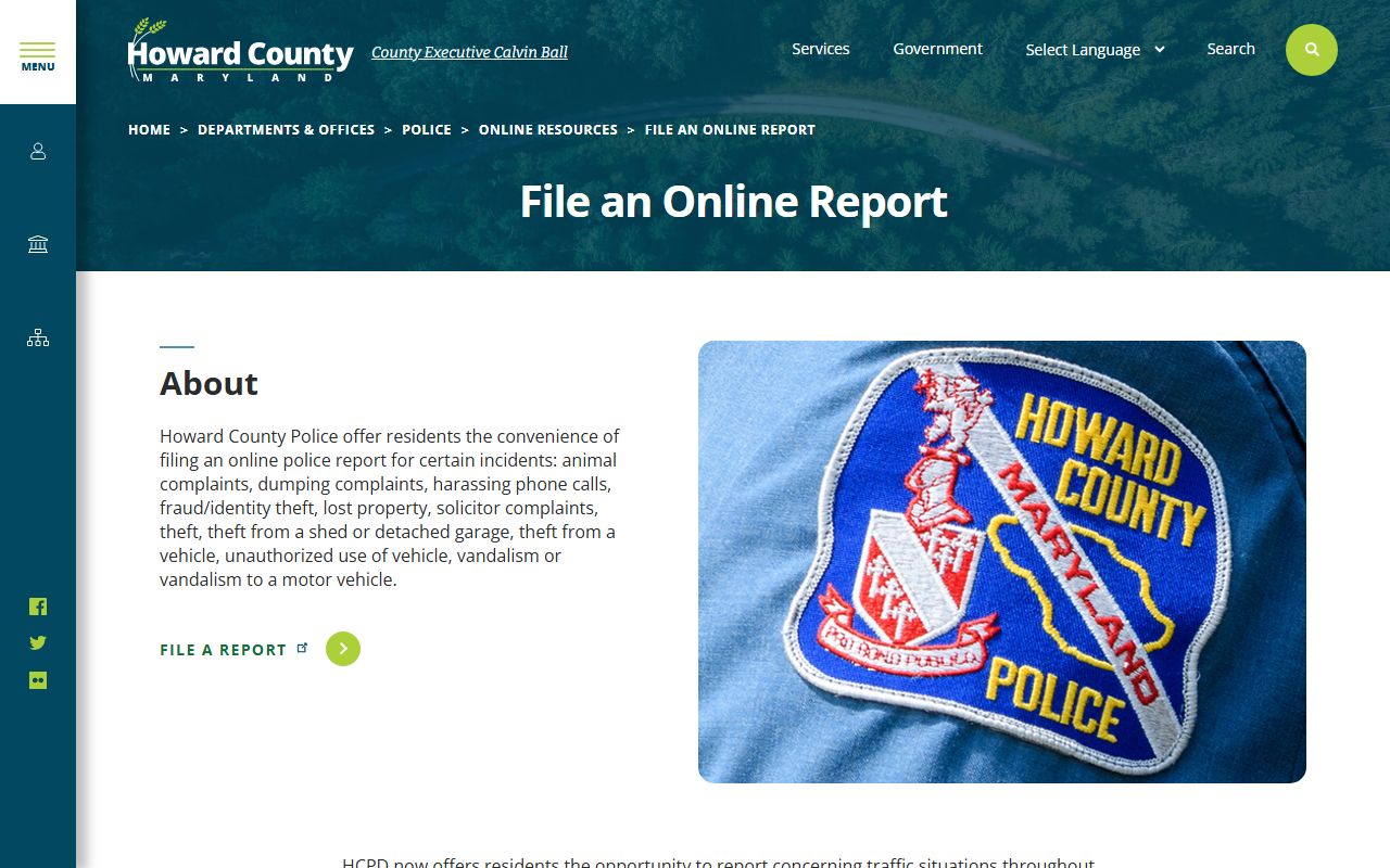 Howard County online reporting system for filing new police reports