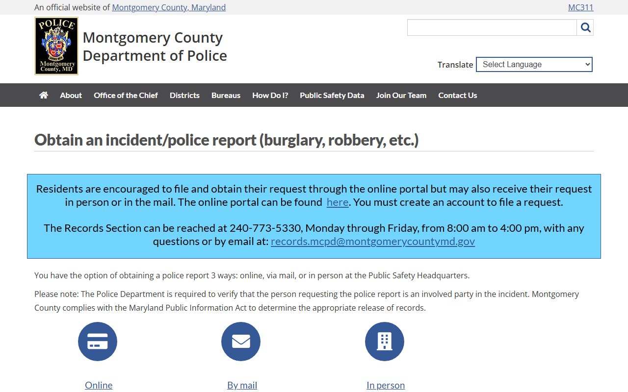 Montgomery County Police incident report page for Germantown police blotter records
