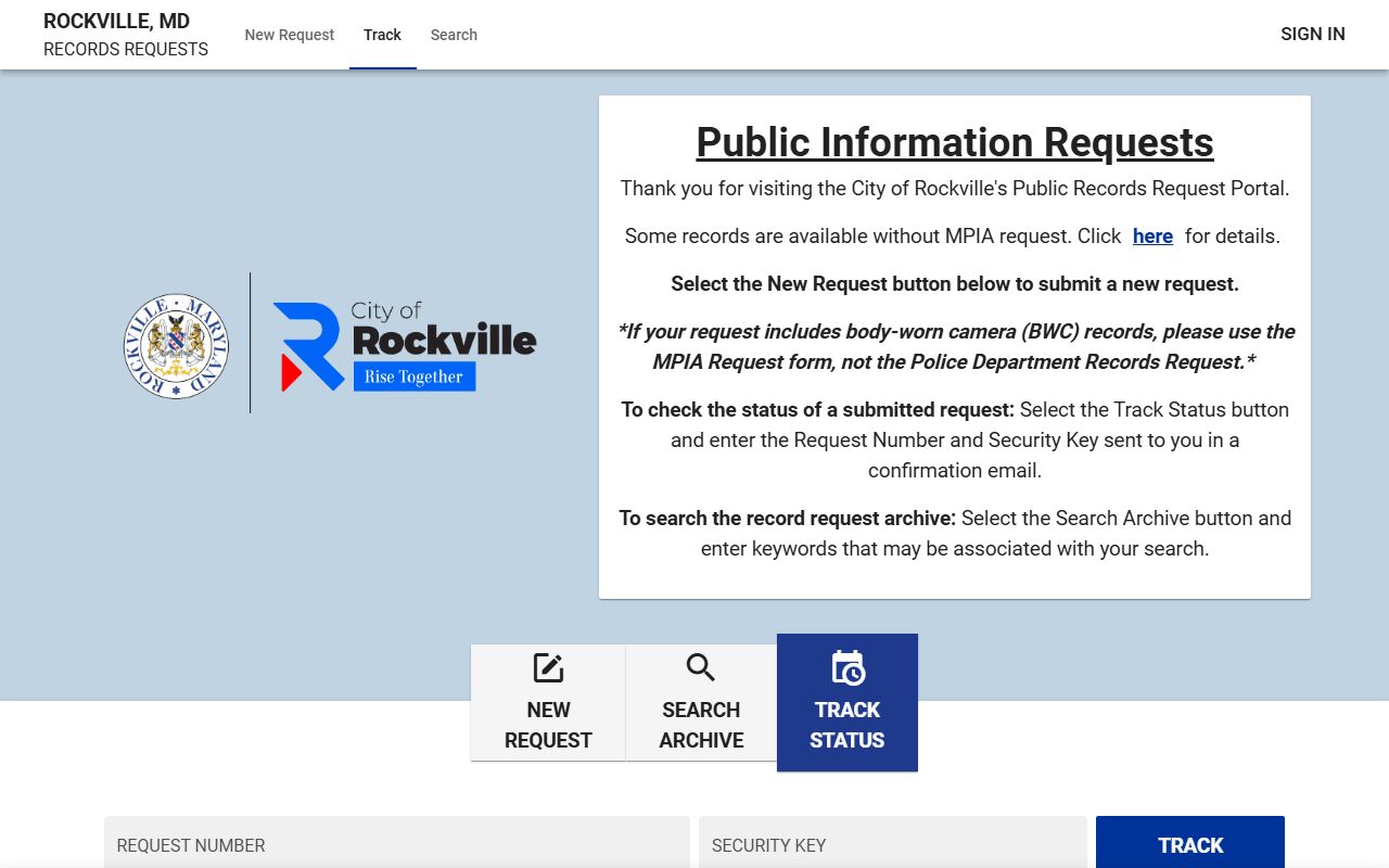 Rockville JustFOIA portal for police blotter record requests