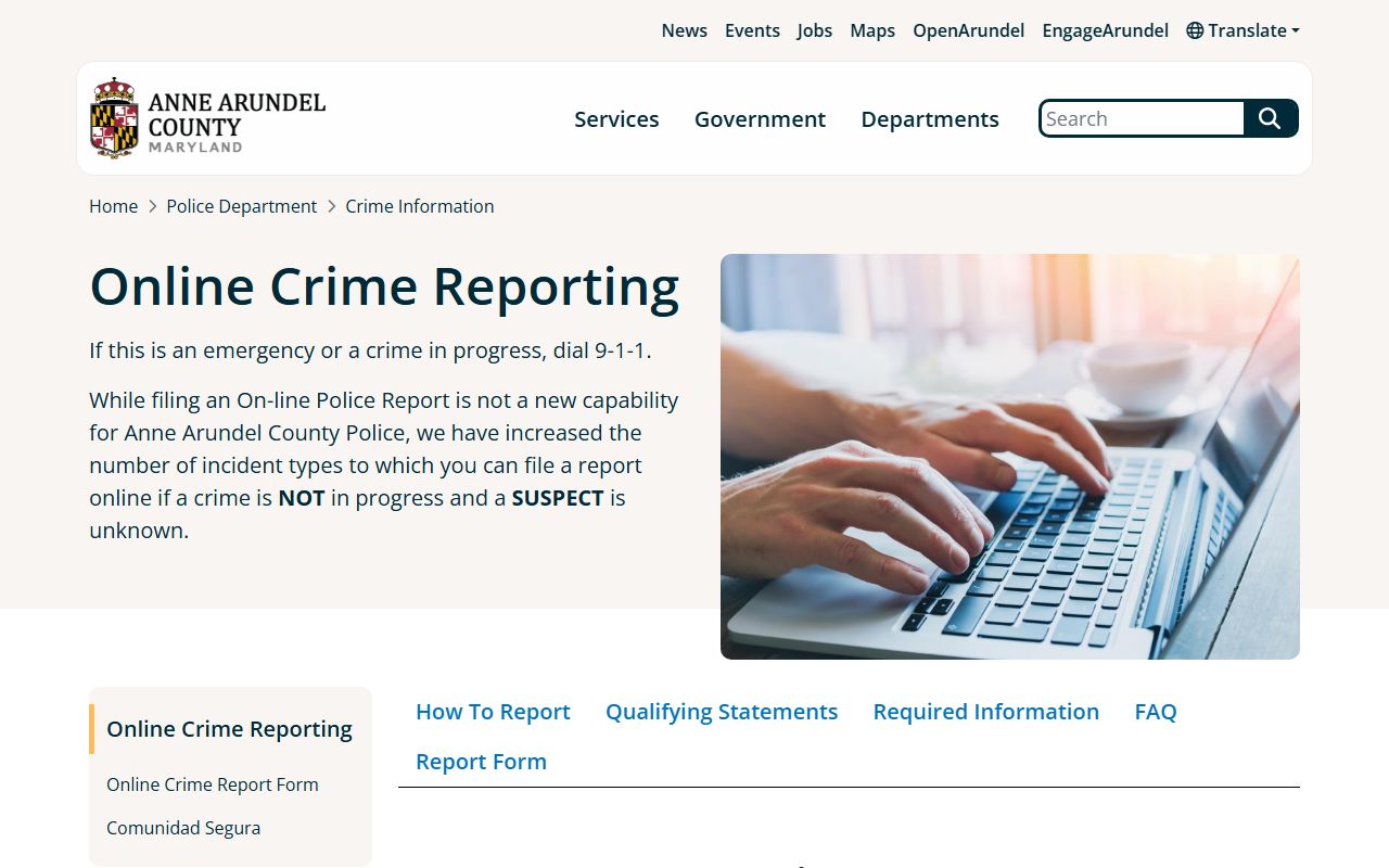 Anne Arundel County online crime reporting page for Severn area