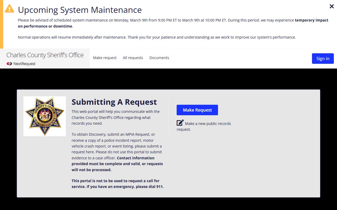 NextRequest portal for requesting Waldorf police blotter records from CCSO