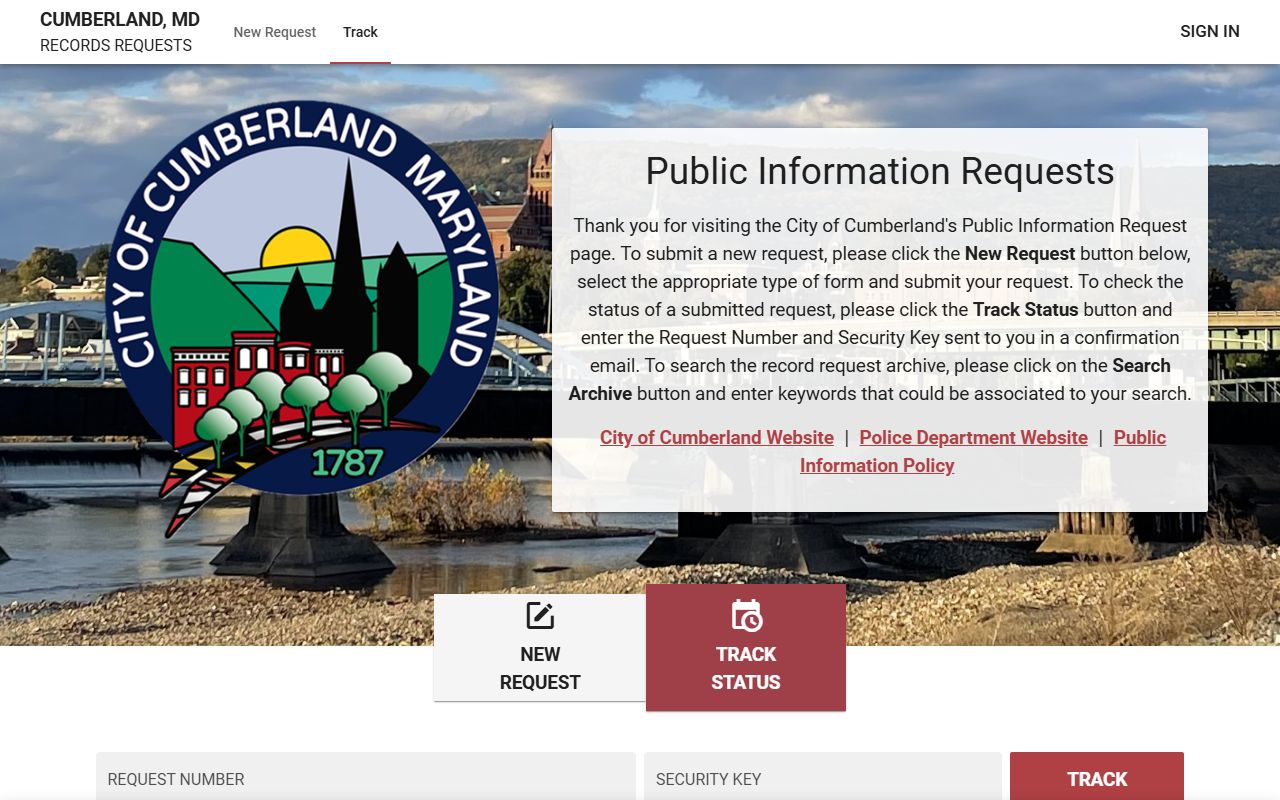 Cumberland JustFOIA portal for police blotter record requests in Allegany County