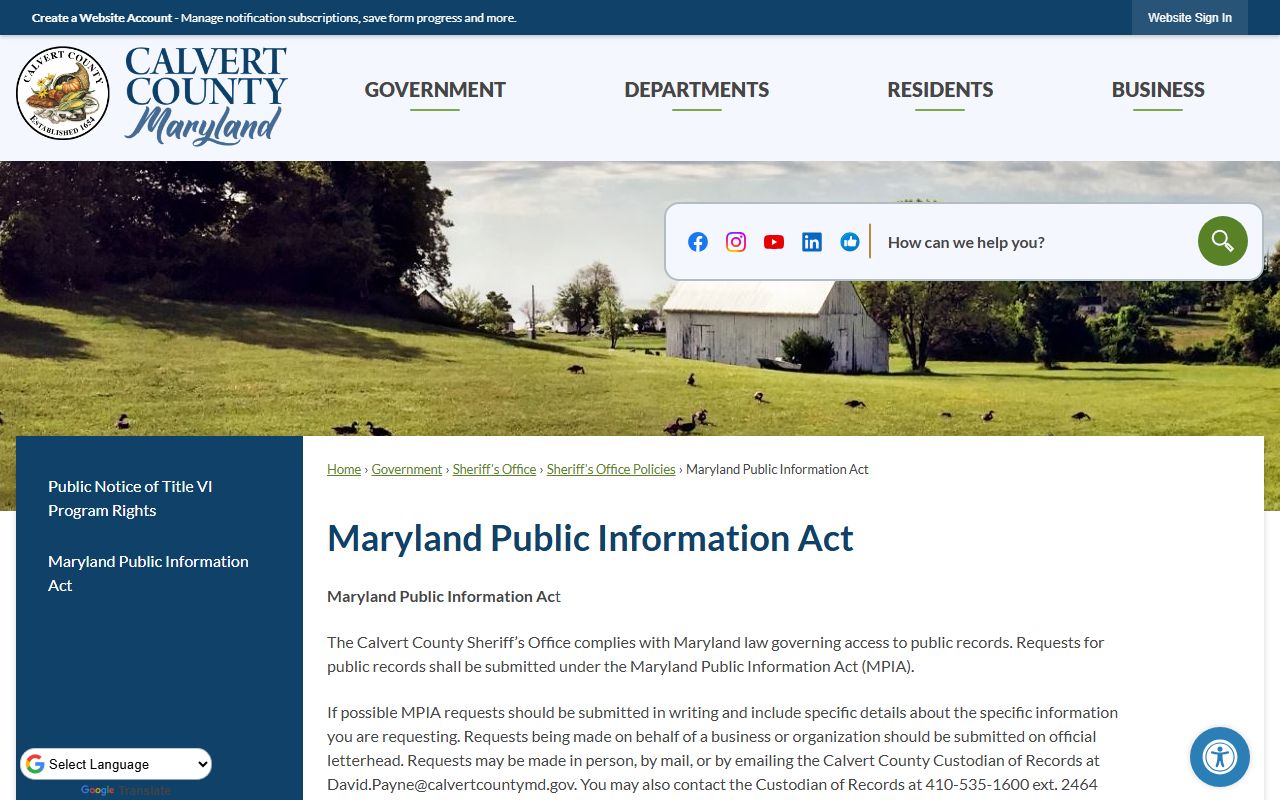 Calvert County Maryland Public Information Act information page