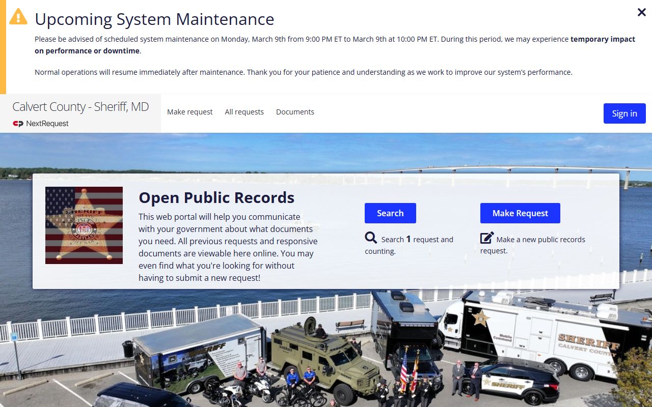 Calvert County Sheriff NextRequest portal for police blotter records