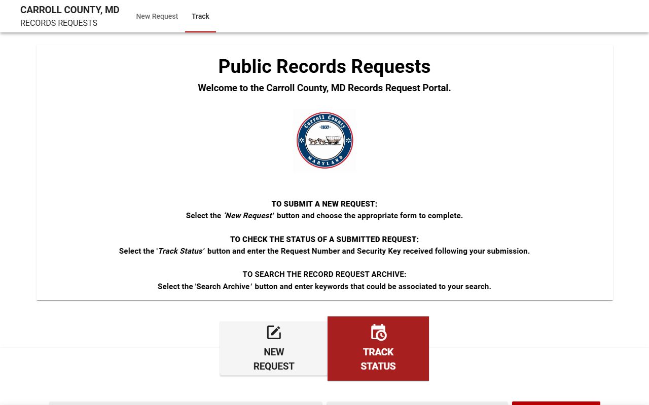 Carroll County JustFOIA portal for police blotter records requests