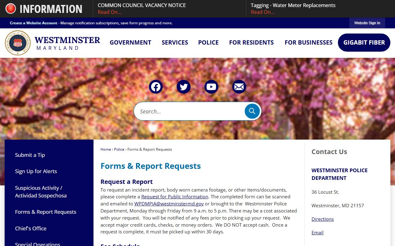 Westminster Police Department forms and report requests page