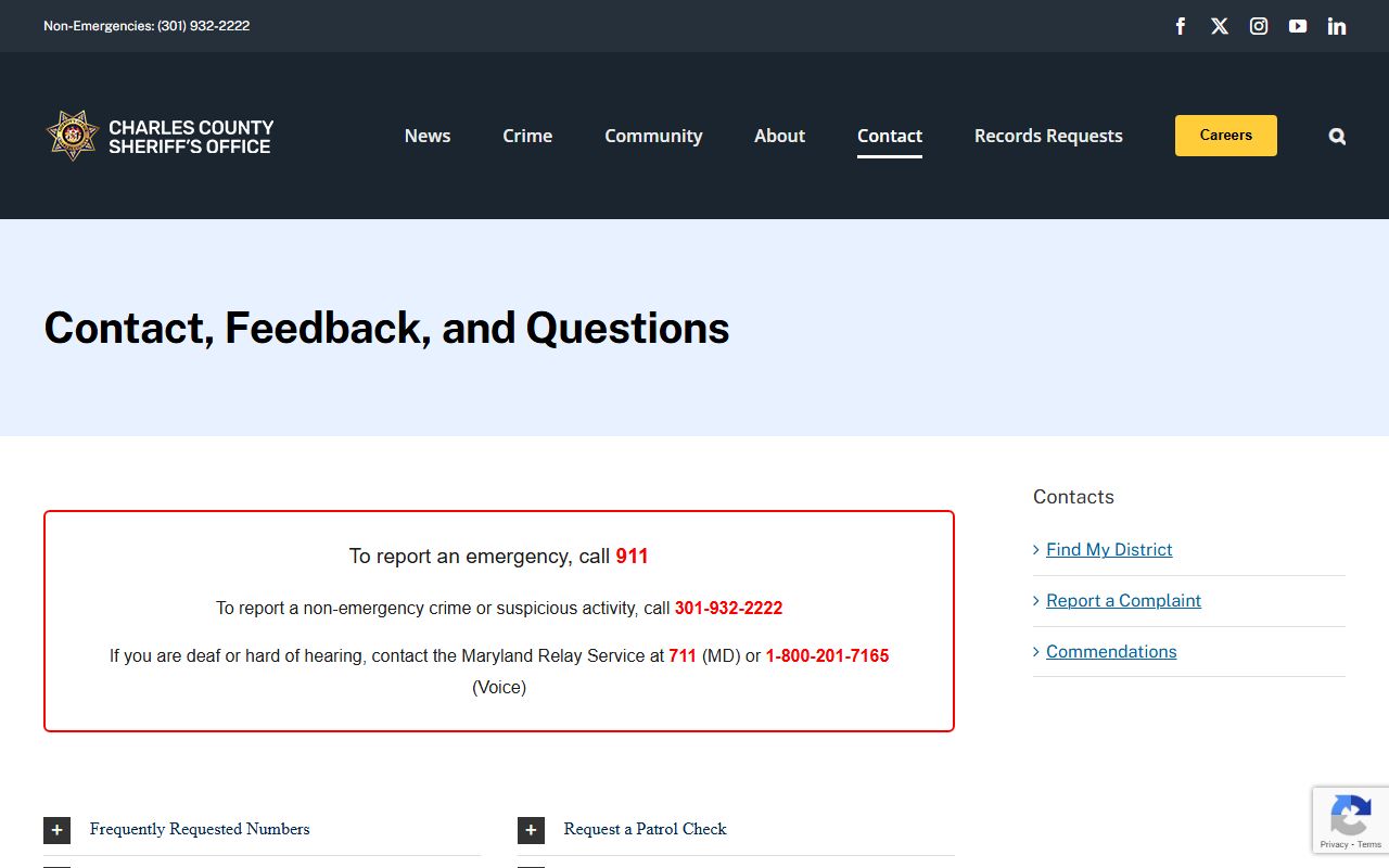 Charles County Sheriff contact information for records requests