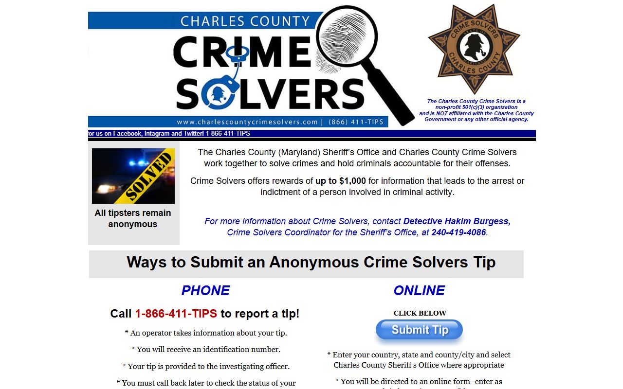 Charles County Crime Solvers tip line website