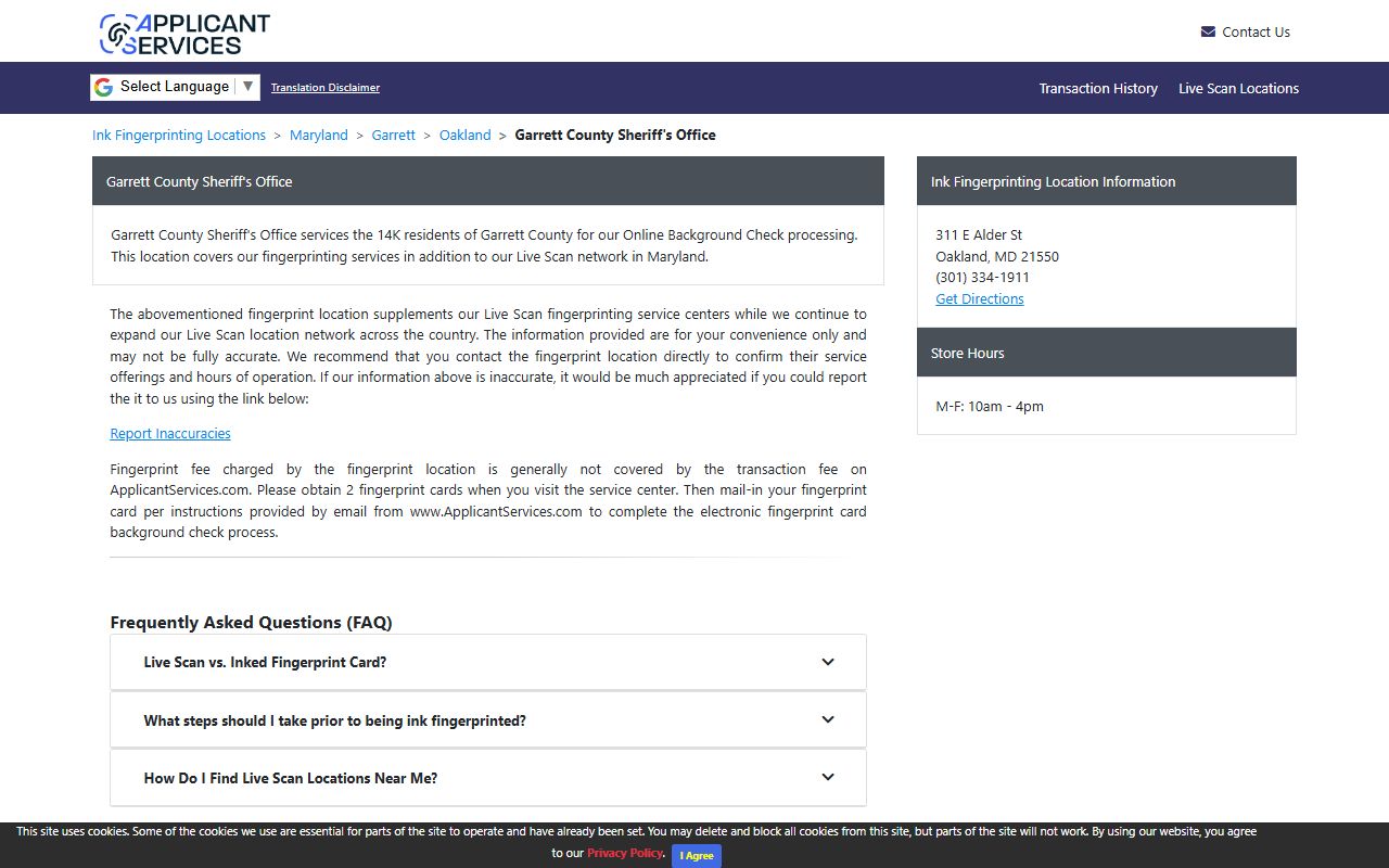 Garrett County Sheriff fingerprinting services information