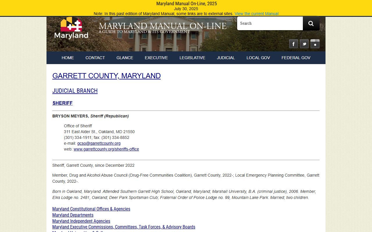 Maryland Manual entry for Garrett County Sheriff