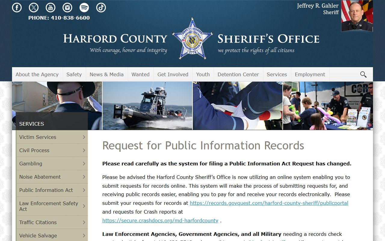 Harford County Sheriff PIA page for police blotter records requests
