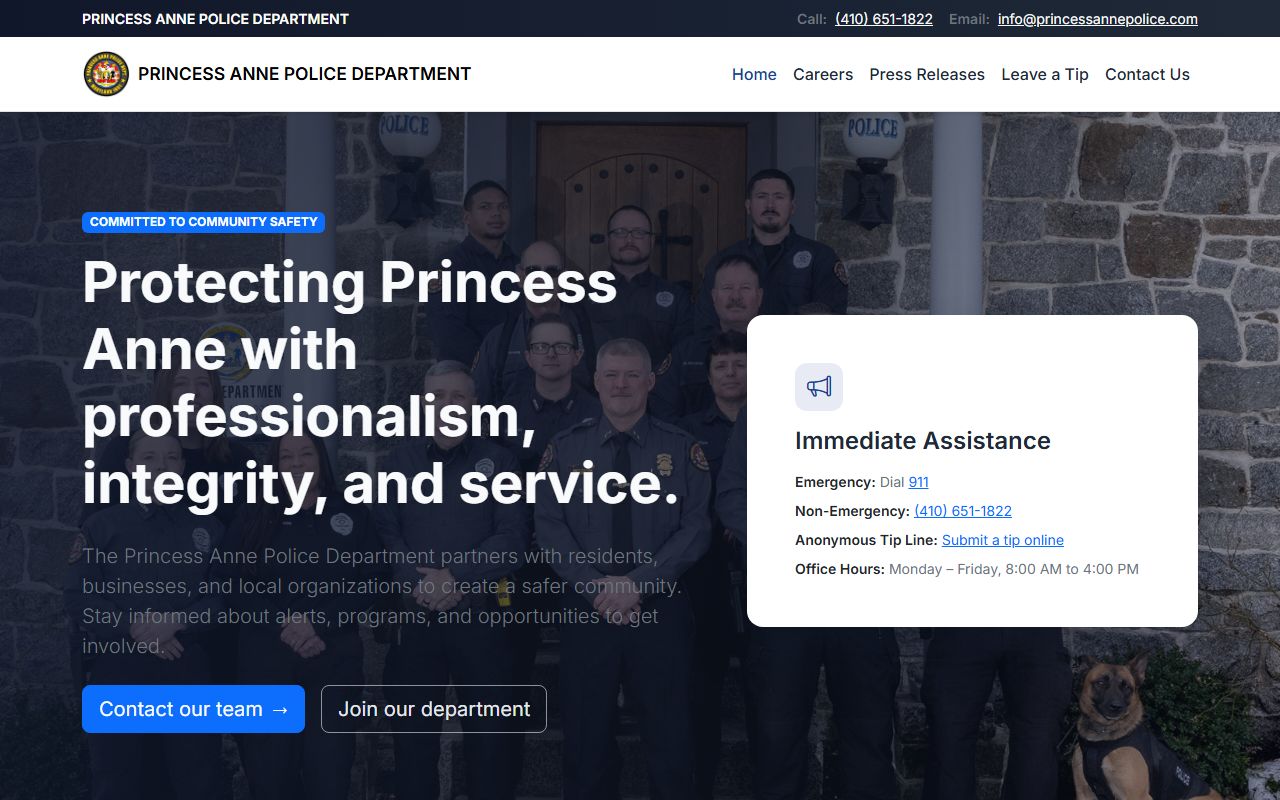 Princess Anne Police Department website for Somerset County police blotter records