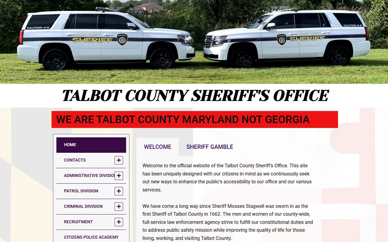 Talbot County Sheriff's Office website for police blotter records