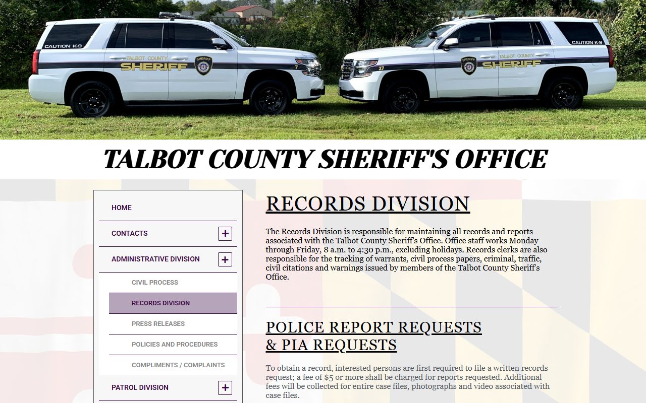 Talbot County Sheriff's Office Records Division page for police blotter requests