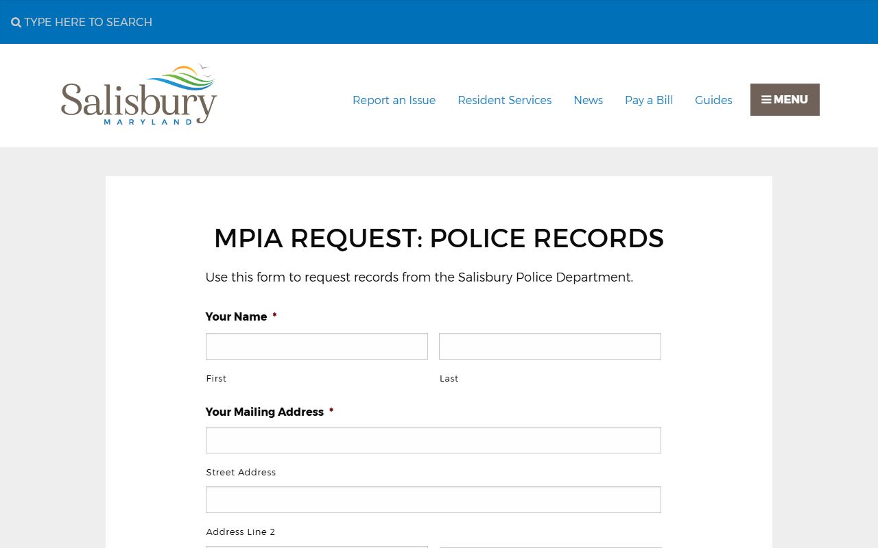 Salisbury Police Department MPIA request page for police blotter records