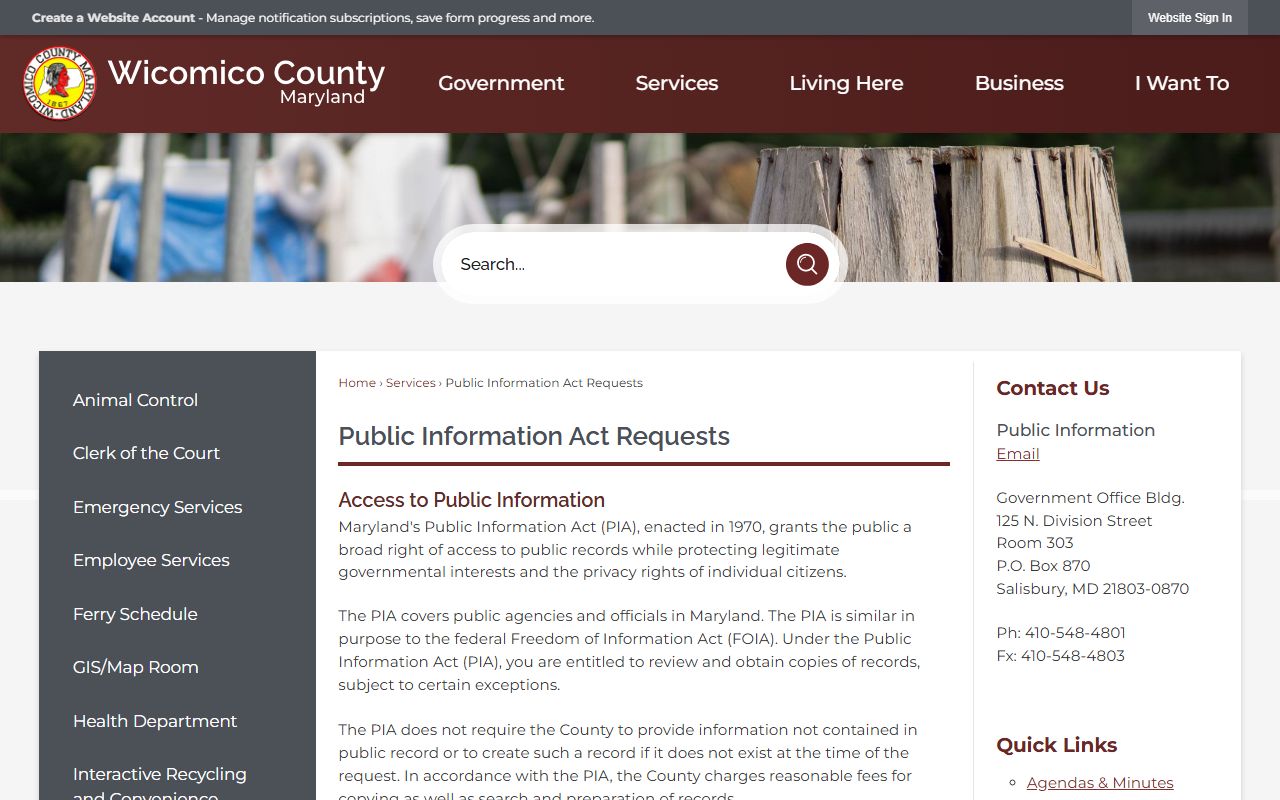 Wicomico County Public Information Act request page for police blotter records