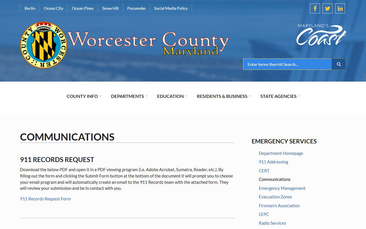 Worcester County 911 records request page for police blotter information