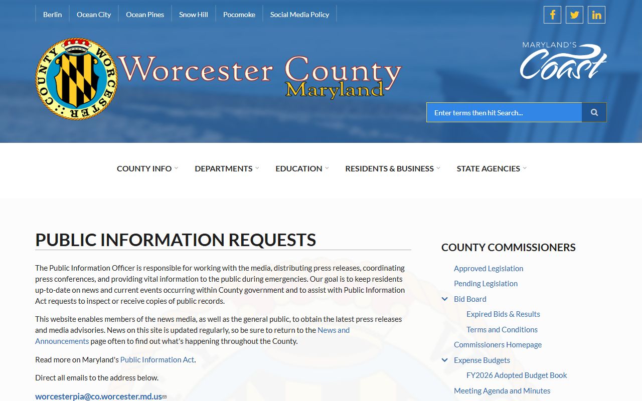 Worcester County government PIA request page for police blotter records