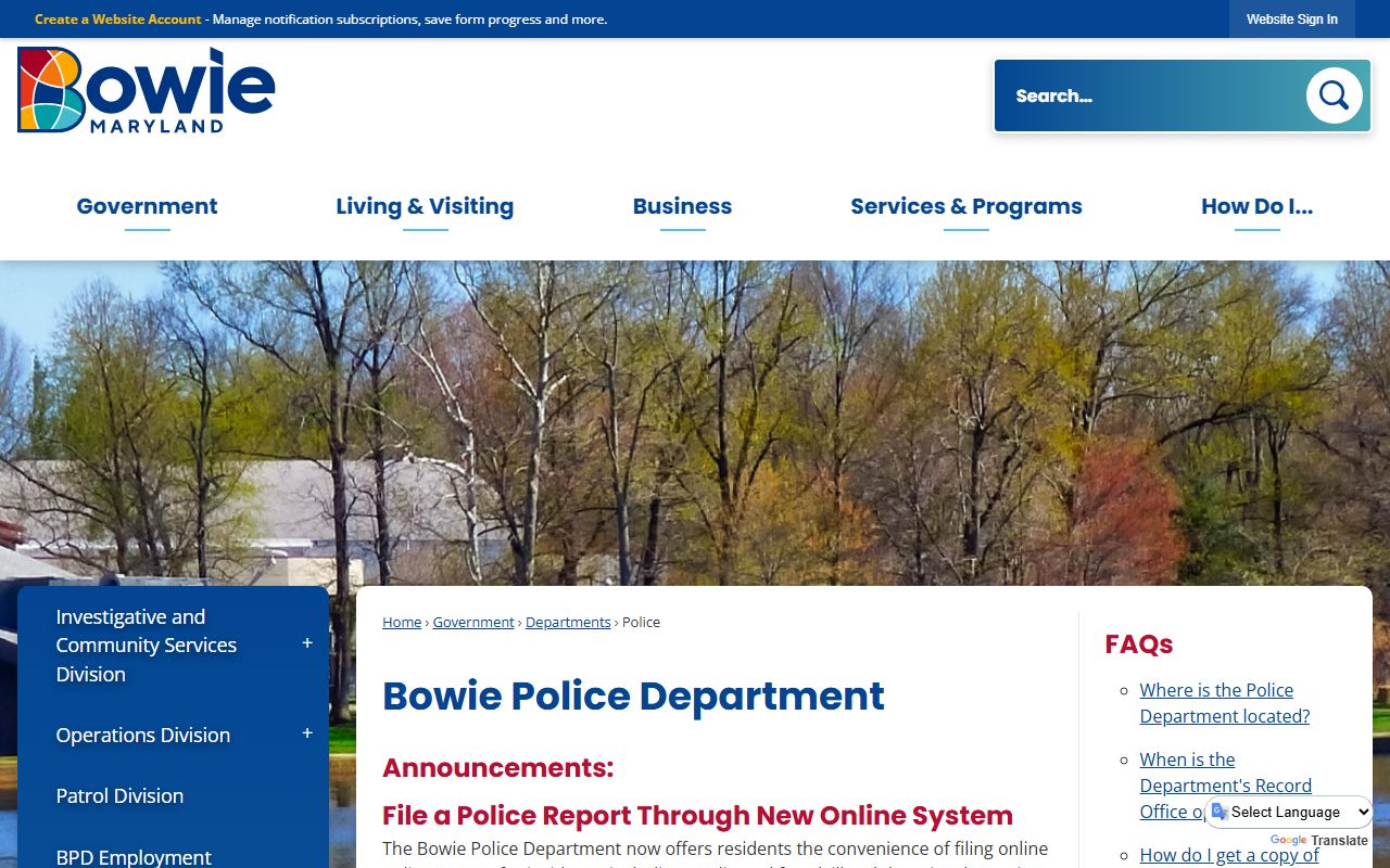 Bowie Police Department homepage on the City of Bowie website