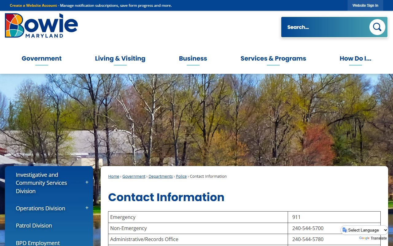 City of Bowie contact information page for police and other departments