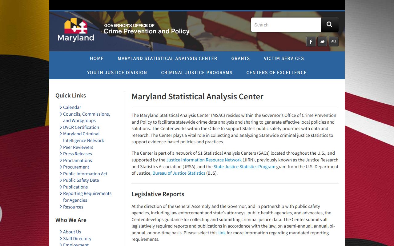 Maryland crime statistics dashboard showing police blotter data by county
