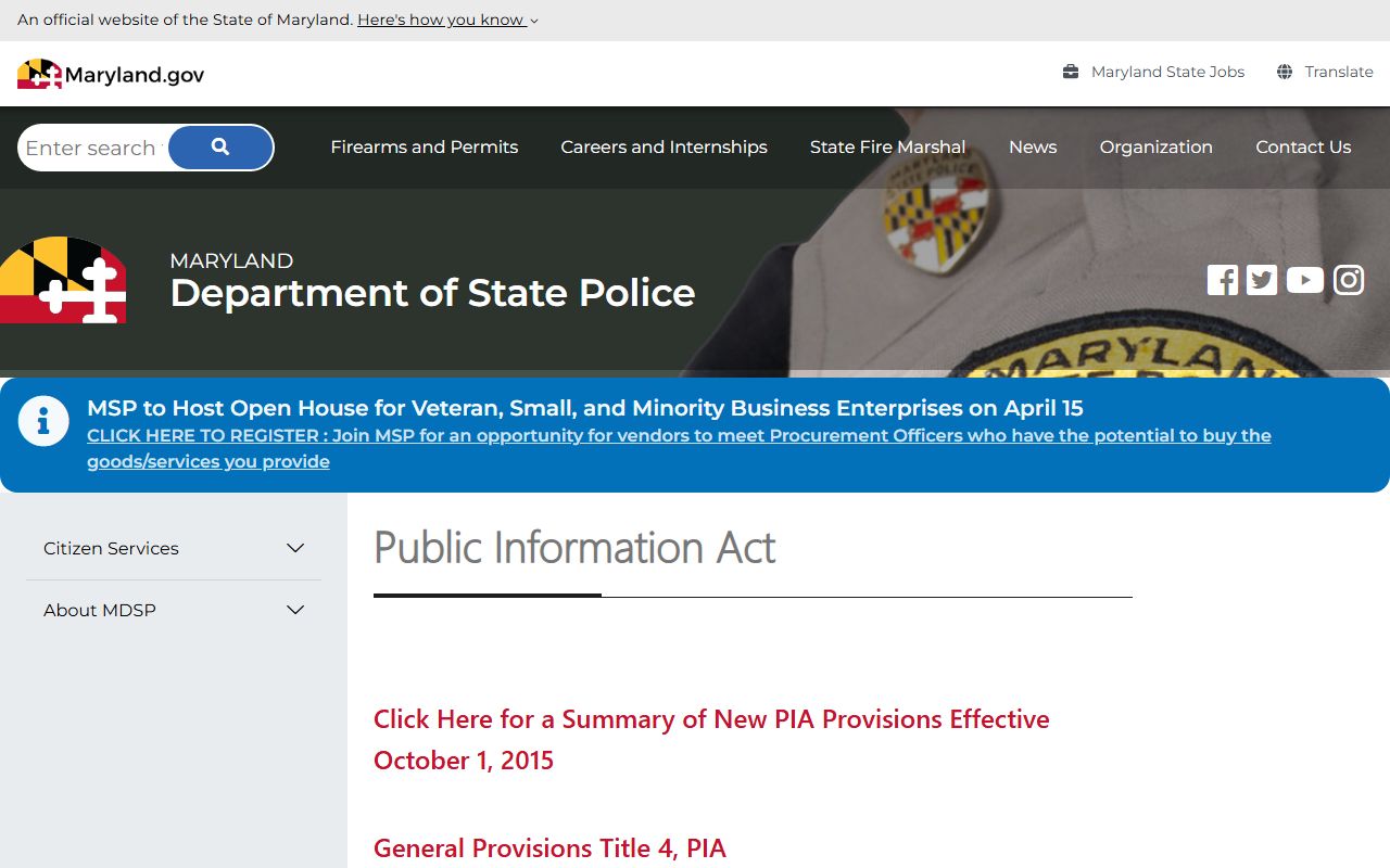 Maryland State Police PIA request page for police blotter records