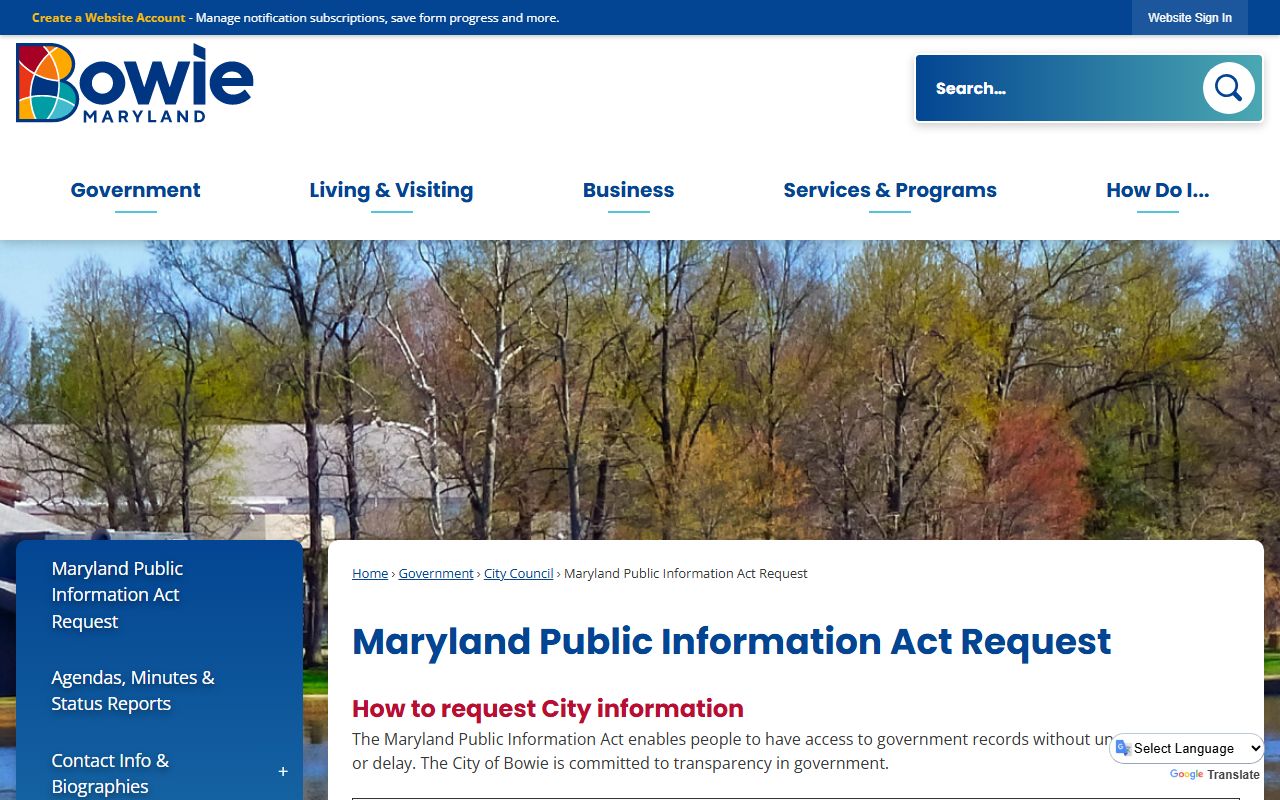 City of Bowie Maryland Public Information Act request page